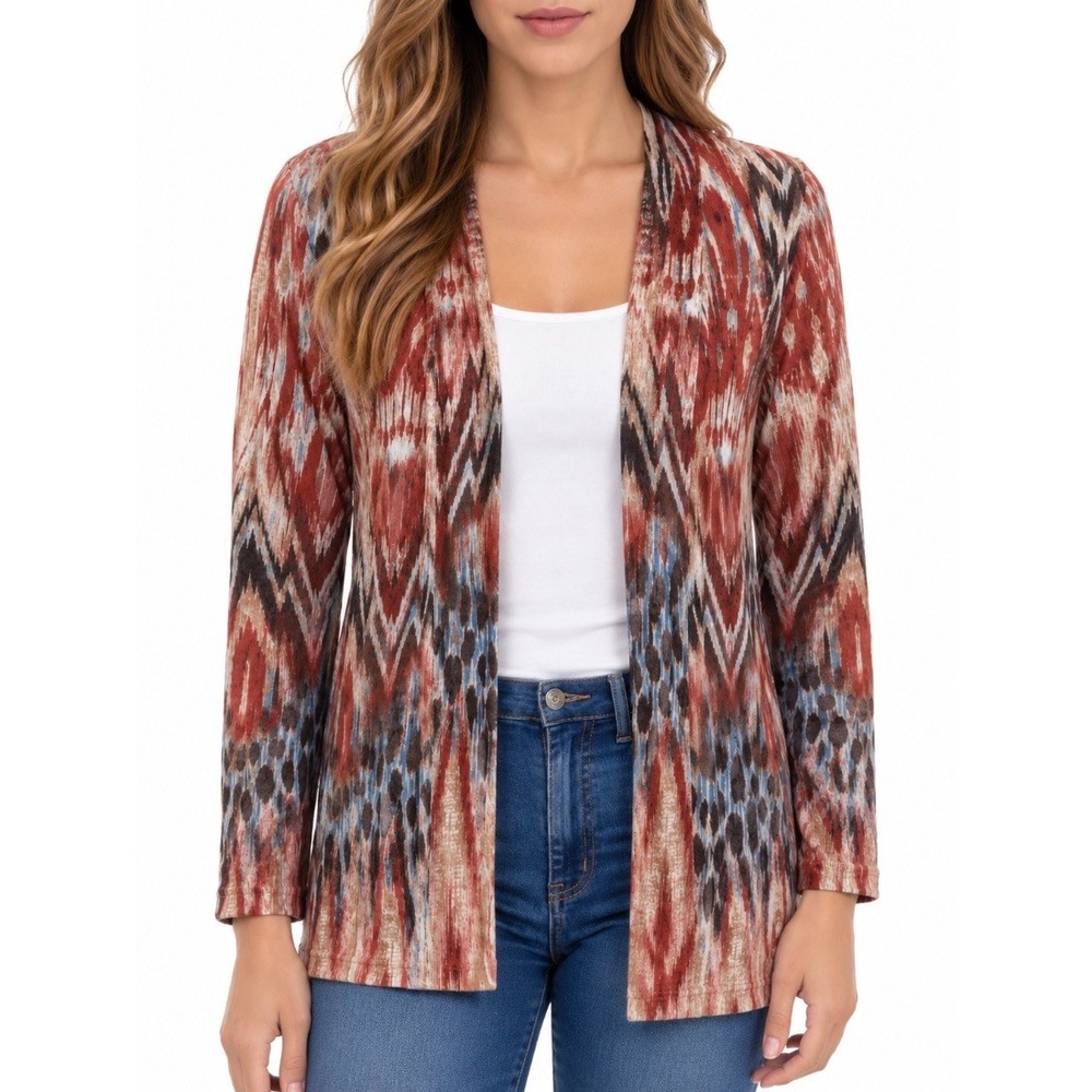 Chicos Womens Ikat Print Open Front Cardigan Sweater Rust Multi Size 1